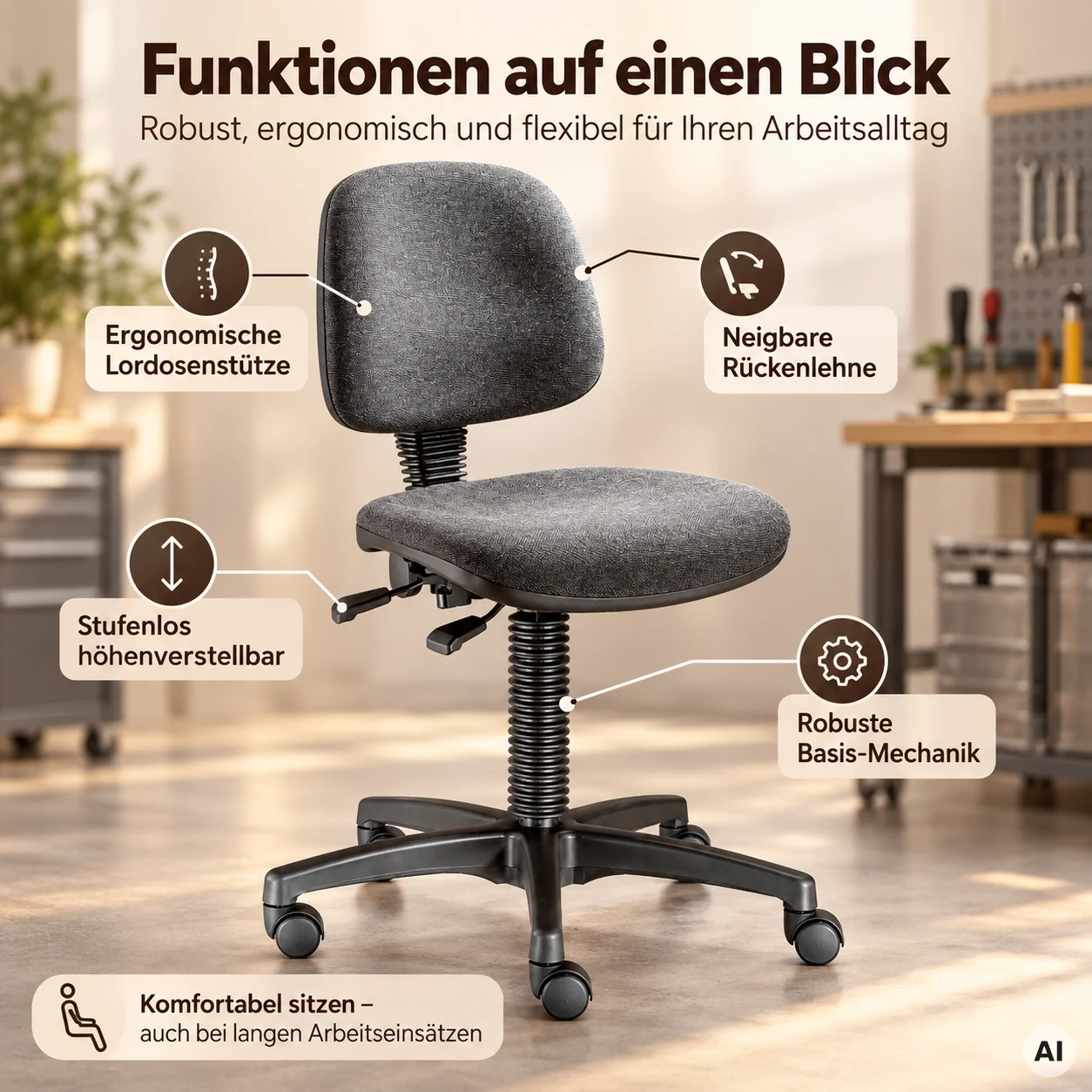 Industry 1 - Robuster Hocker mit bequemer Rückenlehne